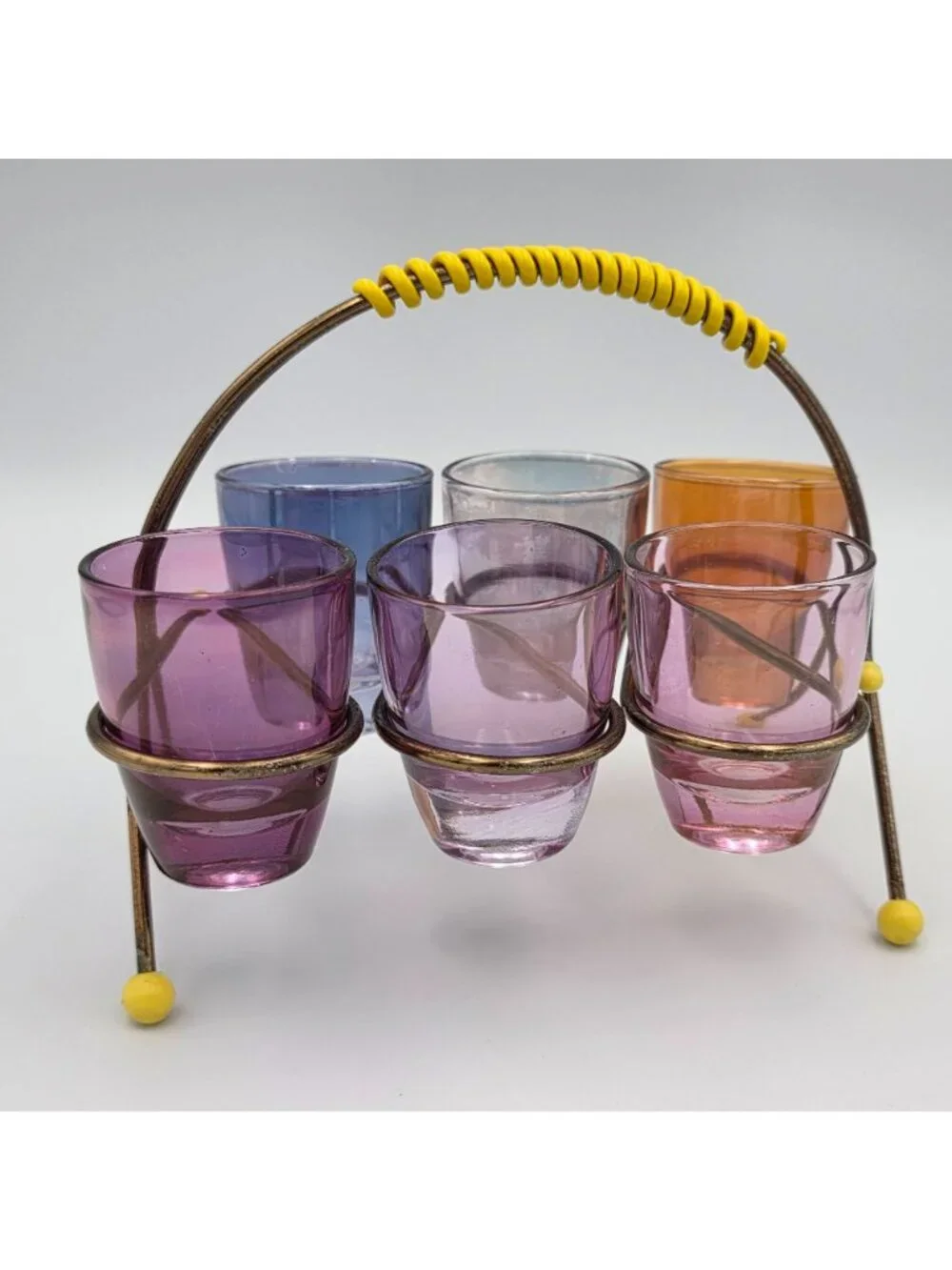 1950s Harlequin Shot Glass Set with Wire Holder Vintage MCM Barware
